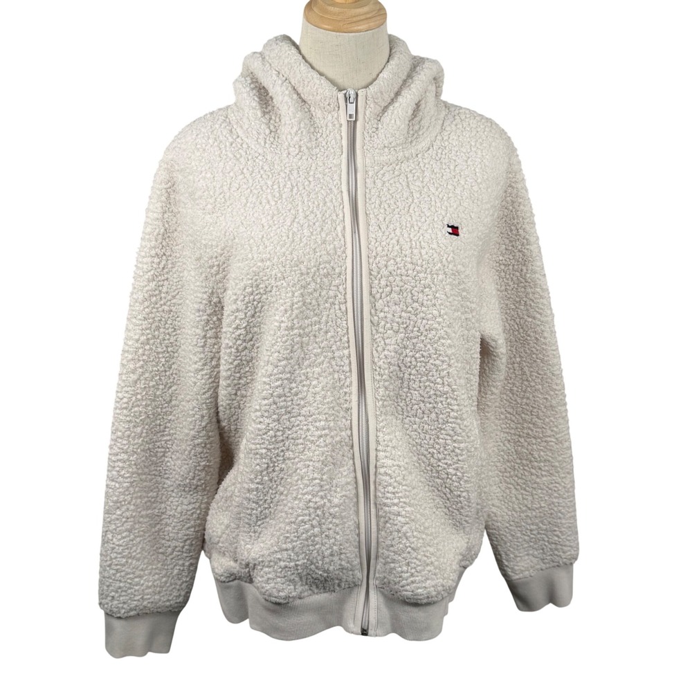 Tommy Hilfiger‎ L Full Zip Sherpa Teddy Fleece Hooded Jacket Faux Fur Cabincore